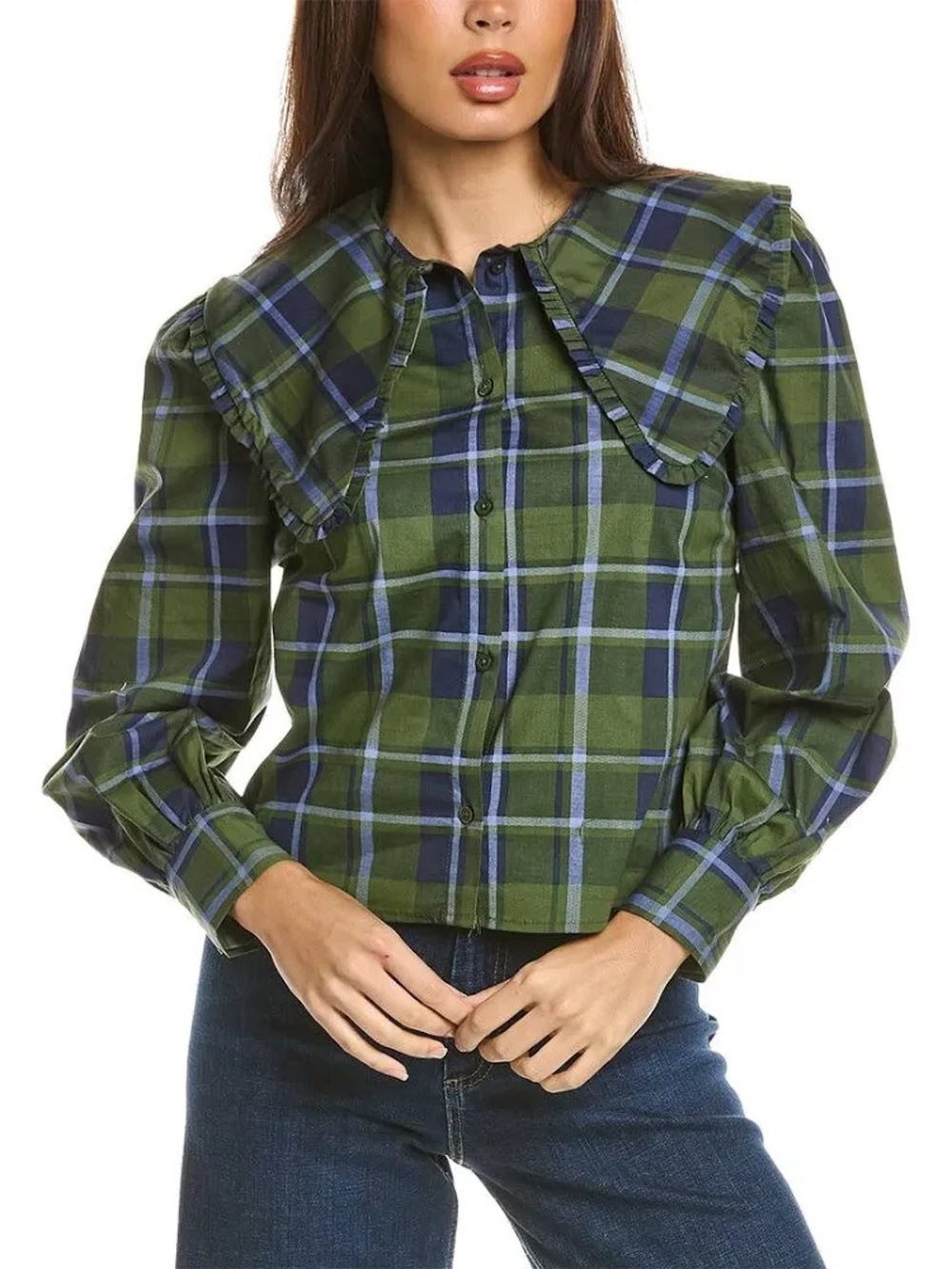 WeWoreWhat Green Plaid Ruffle-Collar Button Front Top